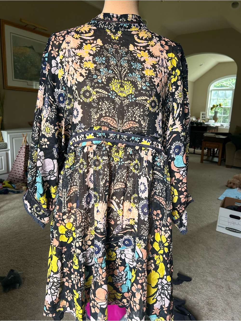 Free People Black Floral Long Sleeve Tiered Dress with Yellow & Pink Accents